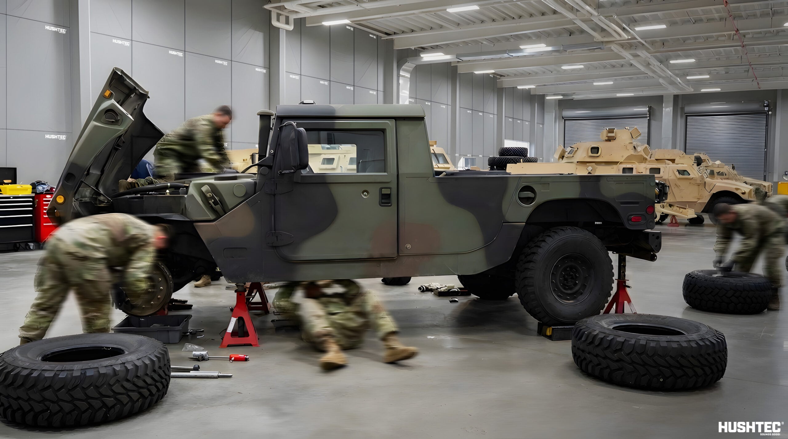 Military vehicle workshop with acoustic noise control for equipment maintenance