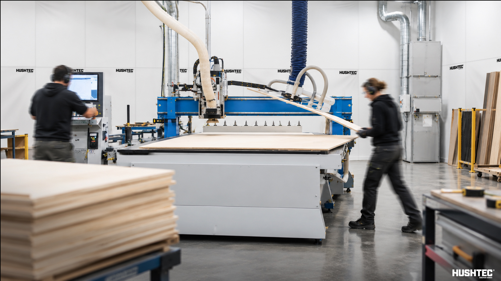 Industrial manufacturing facility with a hydraulic press and machinery for workplace noise control.