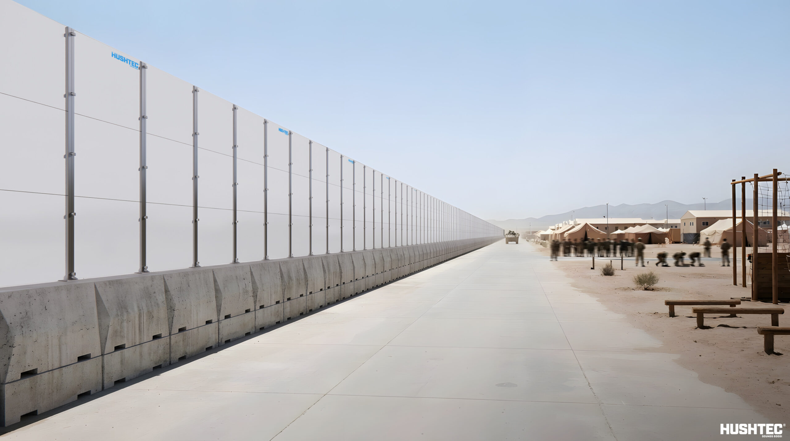 Long acoustic barrier providing noise control along a military facility perimeter