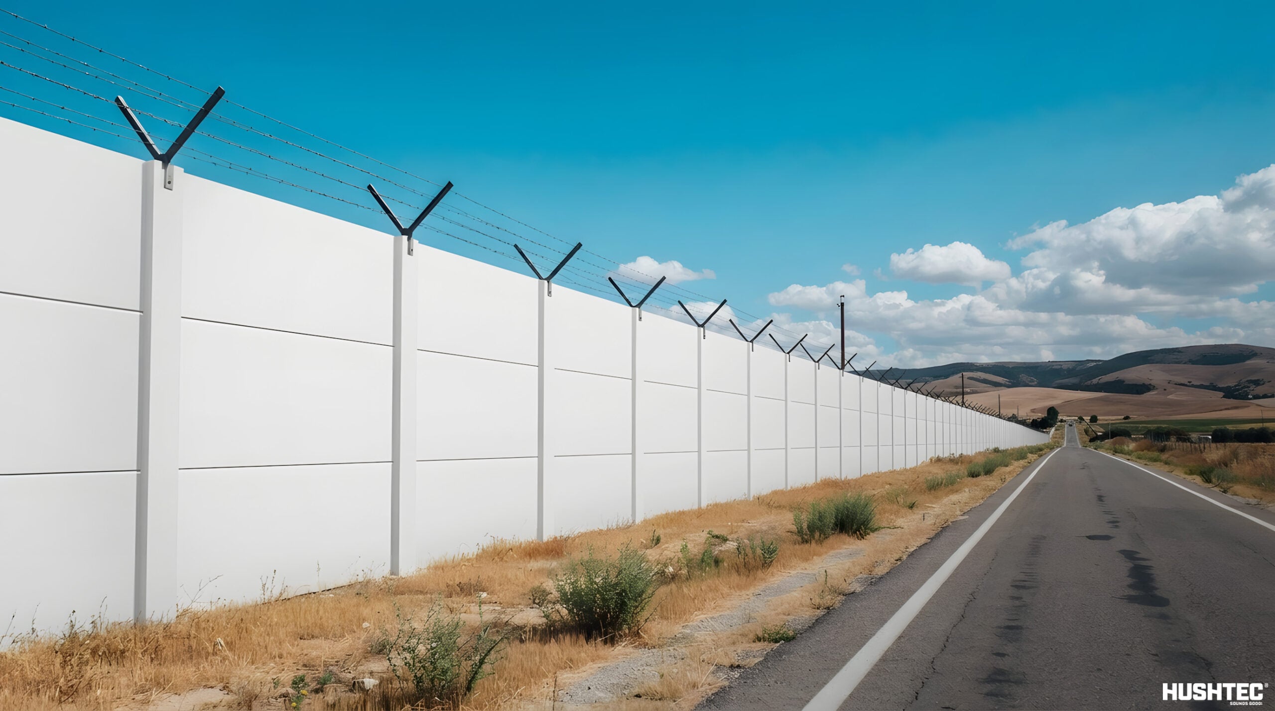 Permanent acoustic barrier installed along a defence facility perimeter