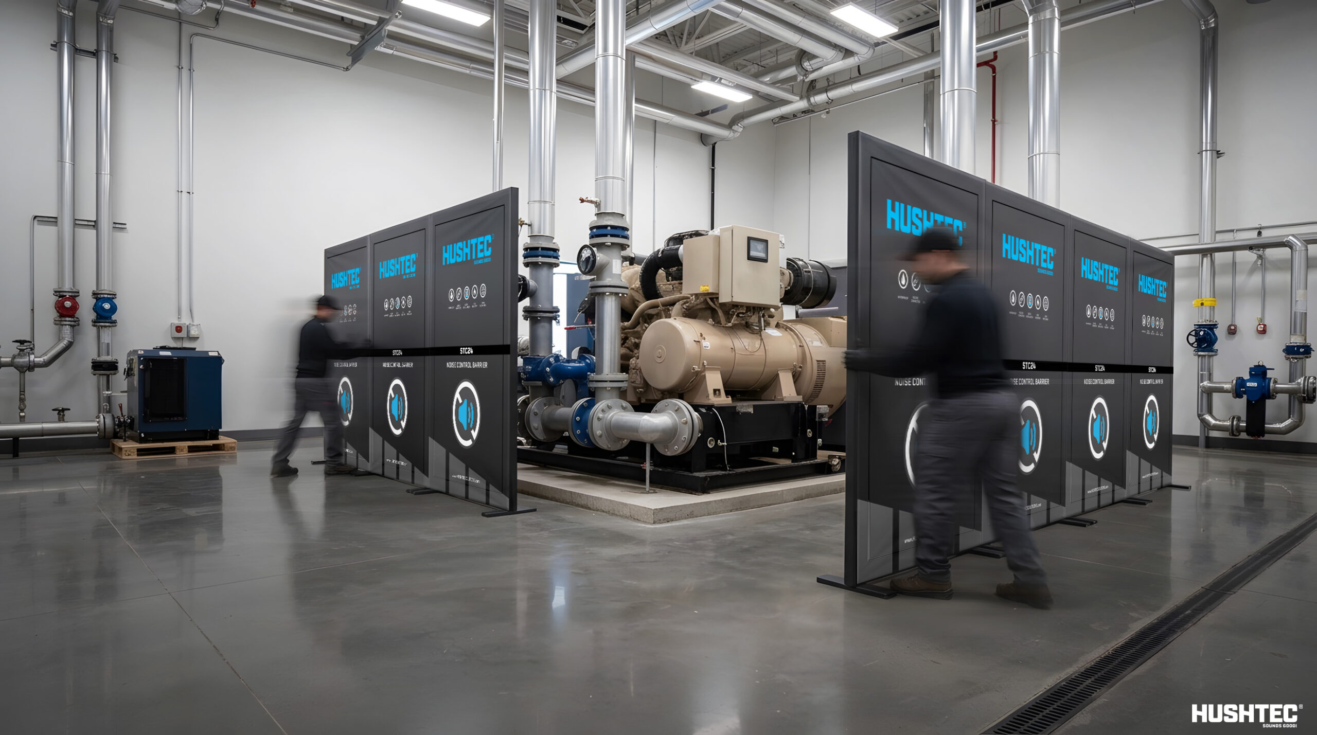 Industrial compressor enclosed by modular acoustic barriers for advanced manufacturing noise control.