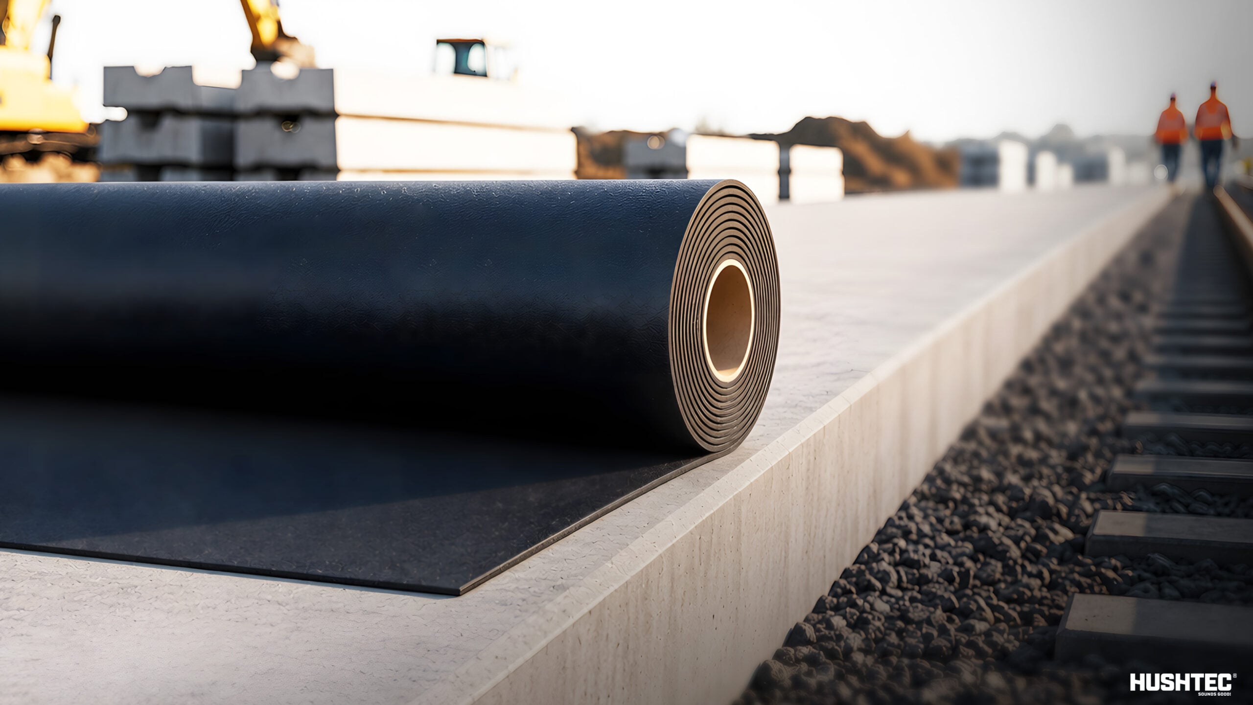 Acoustic vibration isolation membrane prepared for railway installation to reduce track vibration and operational noise levels.