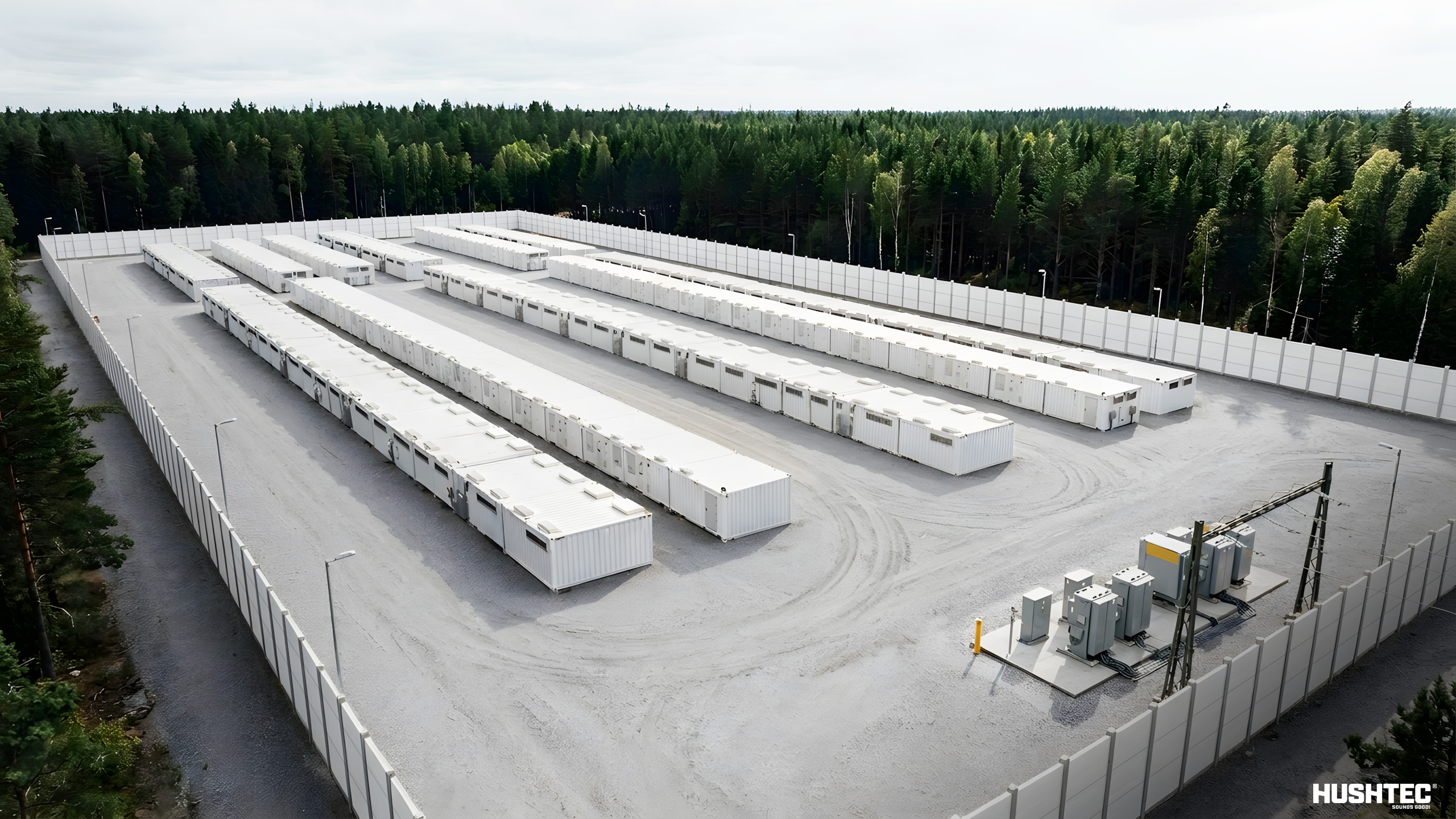 Battery energy storage system protected by EchoShield permanent noise barriers to reduce operational noise and support compliance.