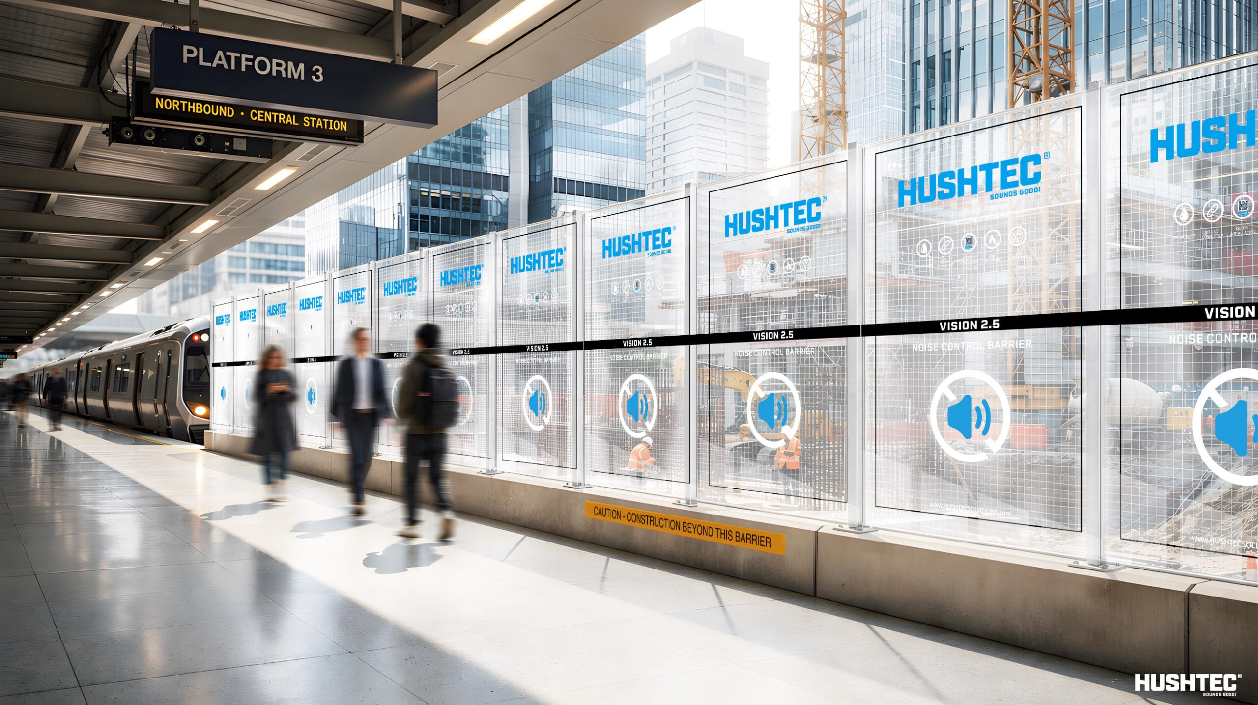 Transparent acoustic barrier installed along a busy railway platform.