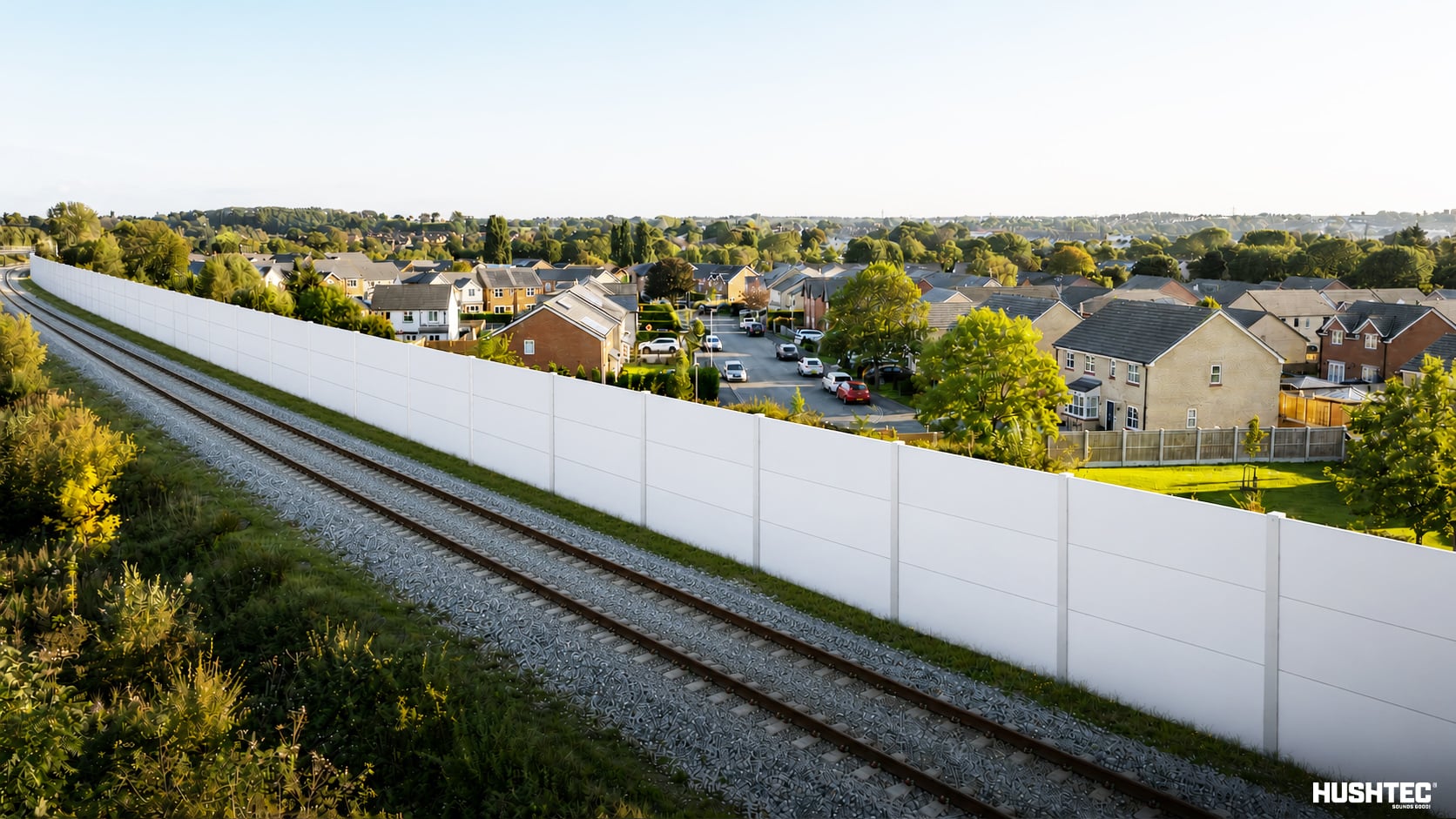 Noise mitigation barrier beside railway tracks