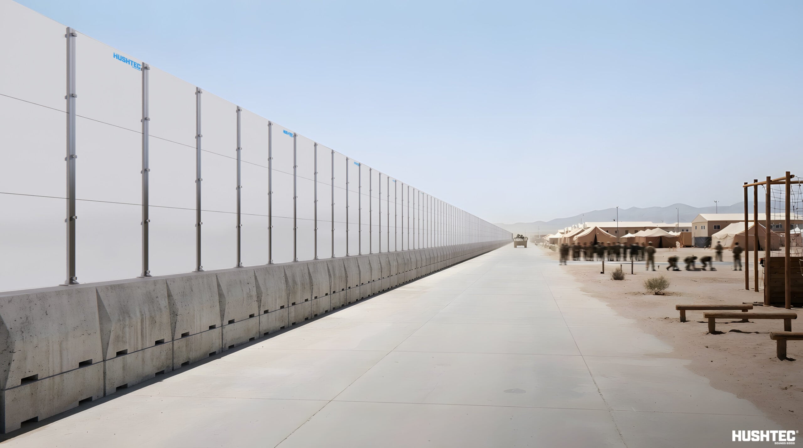 Long acoustic barrier providing noise control along a military facility perimeter